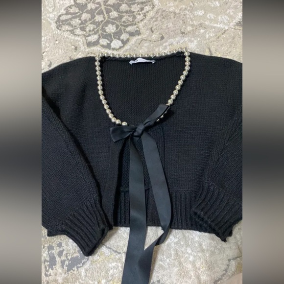 Zara bloggers favorite black knit pearls black satin bow small cardigan - Picture 3 of 3